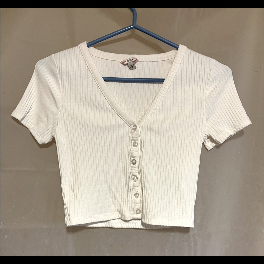 Guess-White-Ribbed Rayon Blend, Short Sleeve,Cropped-Cardigan-Size Small-NWOT